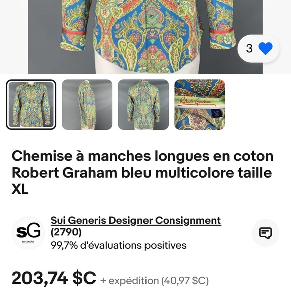 Chemise à manches longues en coton Robert Graham bleu multicolore taille médium - Picture 5 of 5